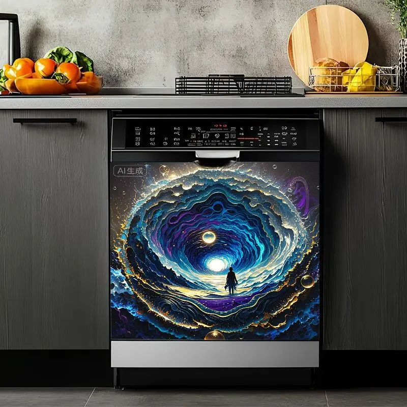 2D Flat 2Pcs Galaxy Portal Dishwasher Sticker Cosmic Space Design Waterproof Appliance Cover Self-Adhesive Decorative Film for Kitchen Laundry Room Home Decor Removable Mat Washing Machine Refrigerator Door