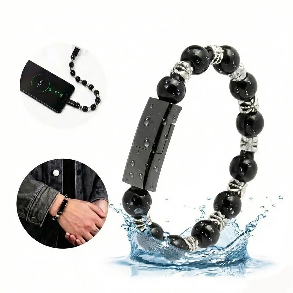 2-in-1 Water-Resistant Beaded Bracelet & Fast Charging Cable | Type-C or Lightning Beaded Design Wearable Data Cable for Stylish Charging
