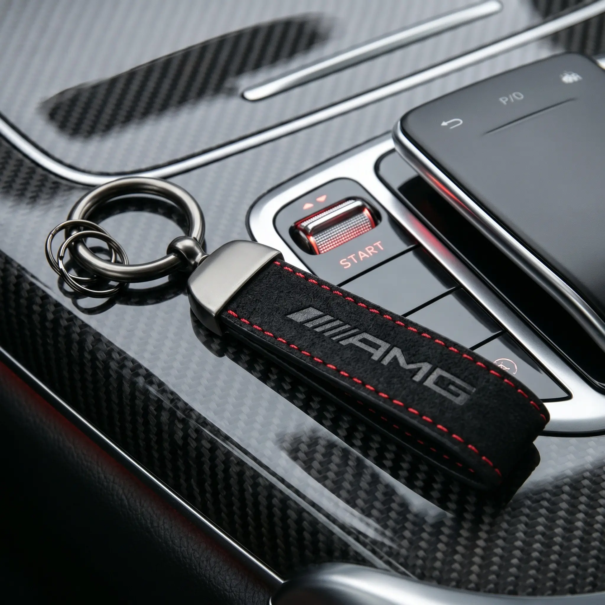 1 Pack Alcantara Suede Car Key Strap with Red Contrast Stitching and Detachable Split Key Ring, Auto Keychain Accessory Compatible with Mercedes-AMG C-Class, E-Class, S-Class, GLC, GLE, CLA