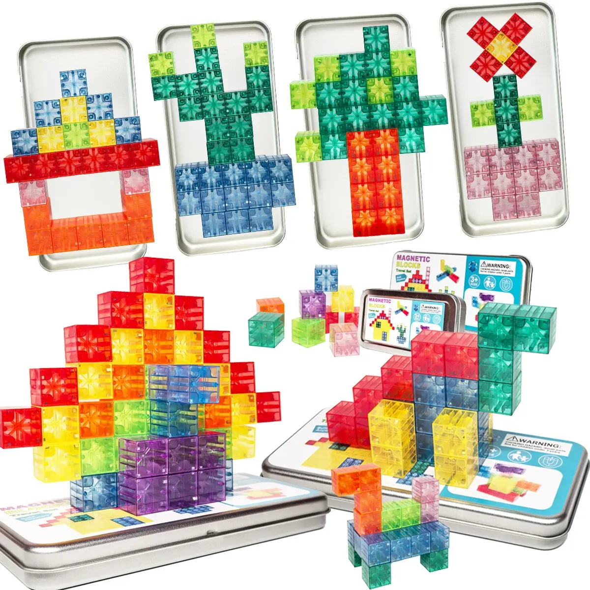 Magnetic blocks, Magnetic cubes Magnetic Building Blocks with Iron Box, Magnetic Tiles, Magnet Toys  On-The-Go Construction Set STEM Travel Toys for Boys and Girls Ages 3+