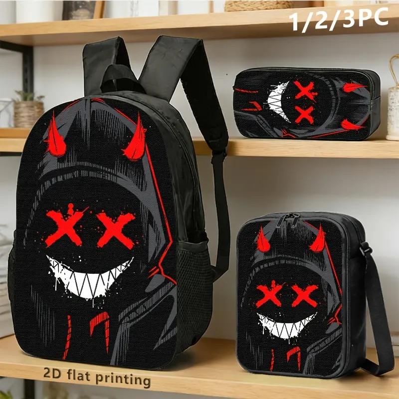 1pc/3pcs Travel Backpack Set - Devil Print Oxford Cloth Printed Bag with Unisex Look, 17in Durable Set (Backpack, Shoulder Bag, Pouch) for Urban Youth Commute & Daily Use, Printed Backpack