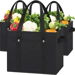 Grocery Bags 3 Pack - Heavy Duty  Shopping Bags with Hard Bottom & Long Handles, Stand Up Grocery Boxes  Foldable, 13x10.23x11in, Black
