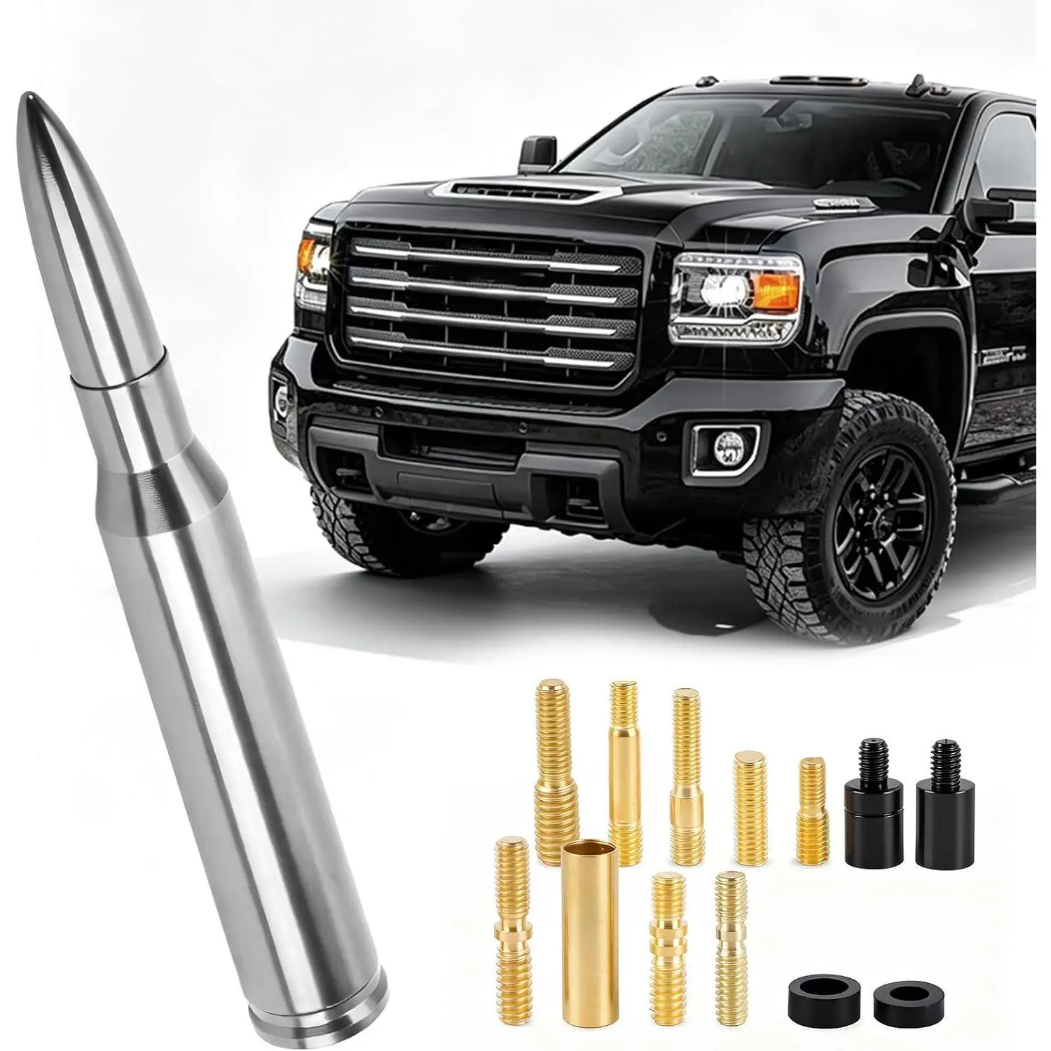 50 Cal Chrome Plated Bullet Shape Aluminum Telescopic Antenna - Aggressive Look Short Replacement Radio Antenna with Strong Radio Signal for Ford F150/F250/F350, Dodge RAM 1500, Chevy Silverado, GMC Sierra Trucks, Car Antenna Replacement, Vehicle Accessor