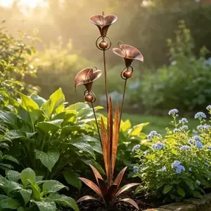 Rustic Copper Calla Lily Garden Stake with Bell, Handmade Metal Flower Yard Art Decor, Outdoor Lawn Patio Ornament, Unique Garden Accent