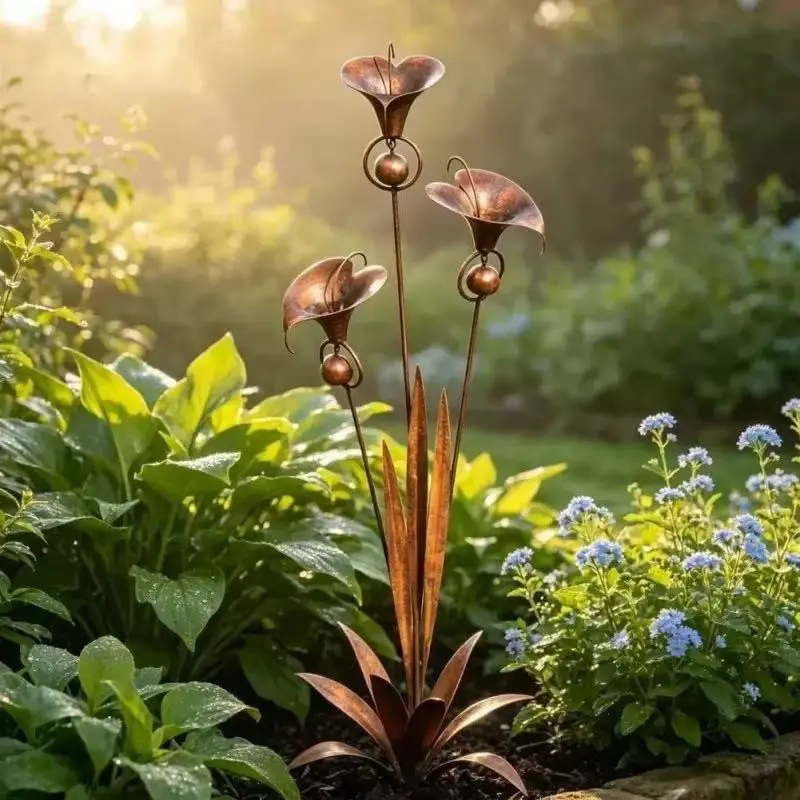 Rustic Copper Calla Lily Garden Stake with Bell, Handmade Metal Flower Yard Art Decoration, Outdoor Lawn Patio Ornament, Unique Garden Accent