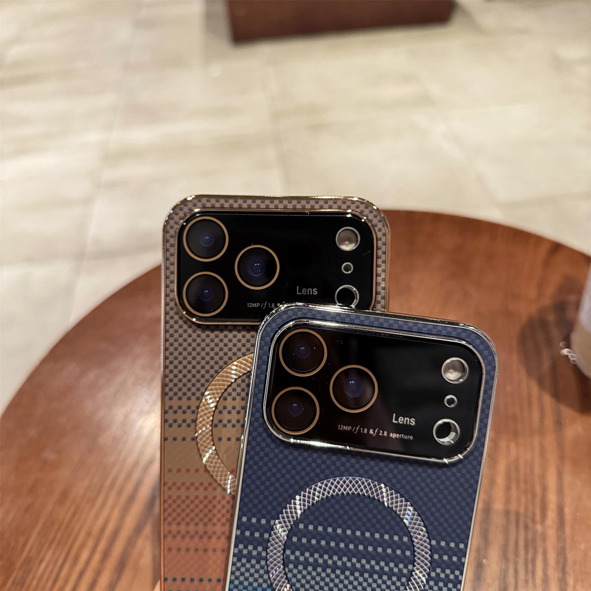 Suitable for iPhone 17 Magnetic Phone Case Rotating Stand iPhone 16 Pro Max Large Window Electroplated Fiber Texture