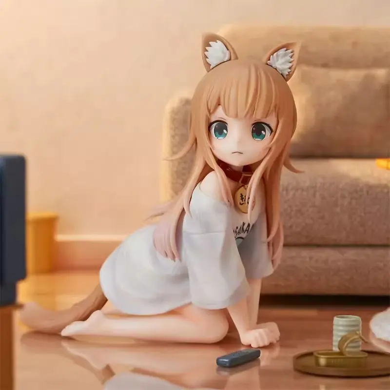 Anime Gradient Light Brown Cat Ear Girl Figure Oversized Loose Fish Print Sleep T-Shirt Half-Kneel Lazy Dynamic Kinako Hand Painted PVC Statue Collectible Figurine Desk Decor Gift For Kawaii Neko Fans Teen Girls Birthday Christmas Cross-Border Wholesale