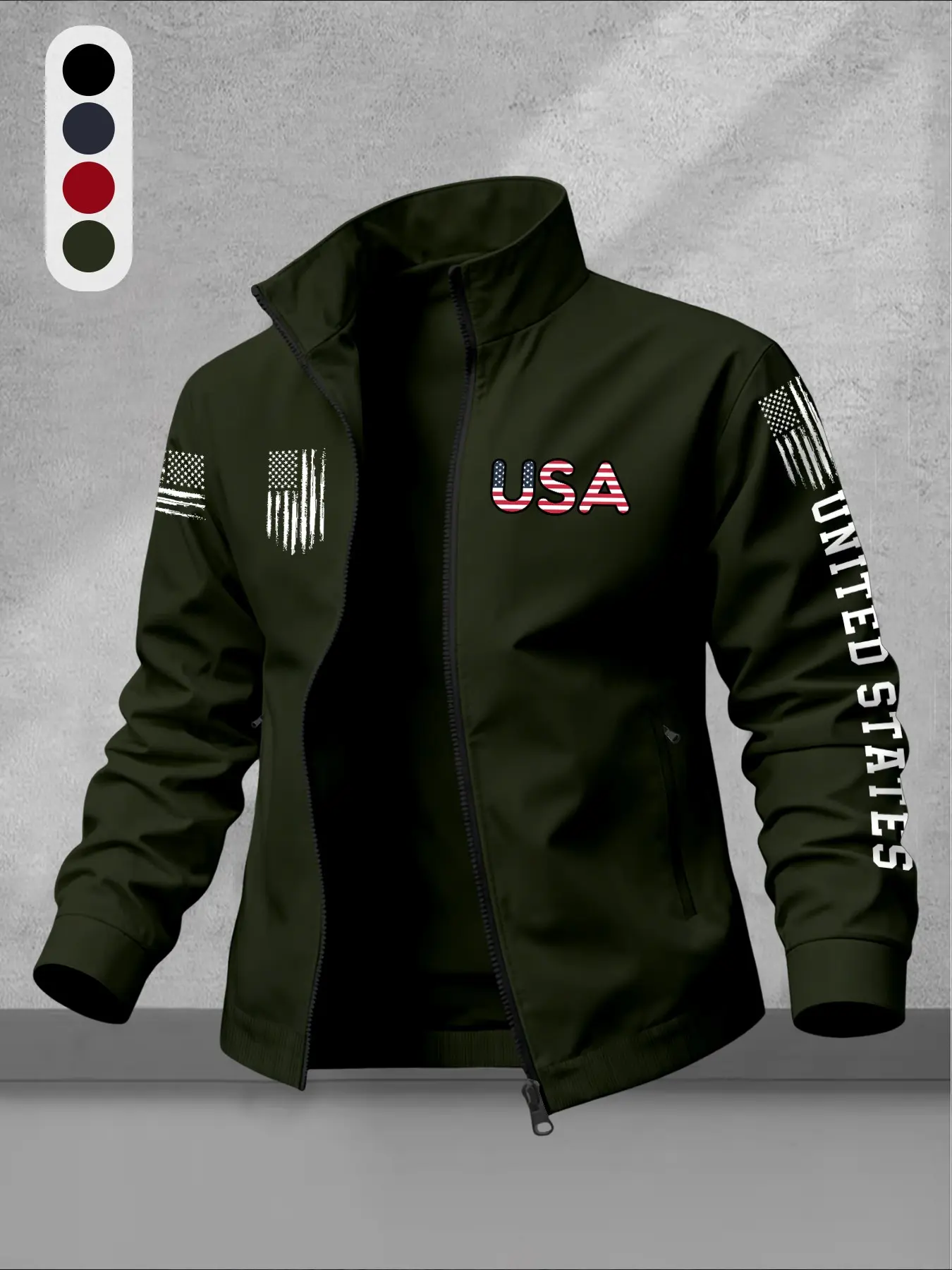 Men's Usa Flag Print Stand Collar Jacket, Trendy Casual Sport Zipper Outerwear, Versatile Lightweight Top, All Seasons Wear