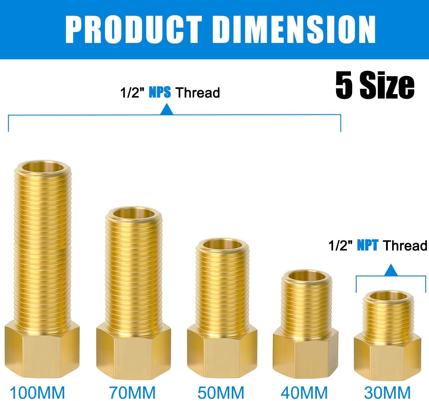1/2" Brass Pipe Fitting, 1/2" Female to 1/2" Male Pipe Extension Fittings Connector for Tub Spout/Shower, Hex Bushing Converter Adapter, Length 30MM/40MM/50MM/70MM/100MM (5pcs) with Teflon Tape (2pcs)