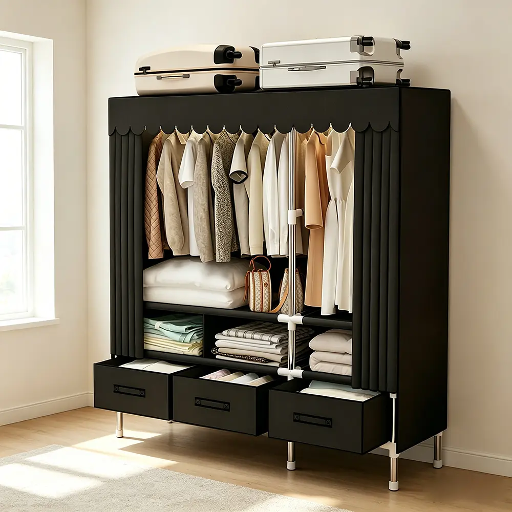 Black Fabric Wardrobe with Drawers, Thickened Reinforced Steel Frame Dustproof Hanging Closet, Large-Capacity Layered Storage for Bedding & Garments, Easy To Assemble Space-Saving Storage Cabinet for Bedrooms & Dormitories
