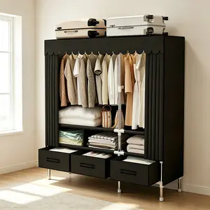 Black Fabric Wardrobe with Drawers, Thickened Reinforced Steel Frame Dustproof Hanging Closet, Large-Capacity Layered Storage for Bedding & Garments, Easy To Assemble Space-Saving Storage Cabinet for Bedrooms & Dormitories