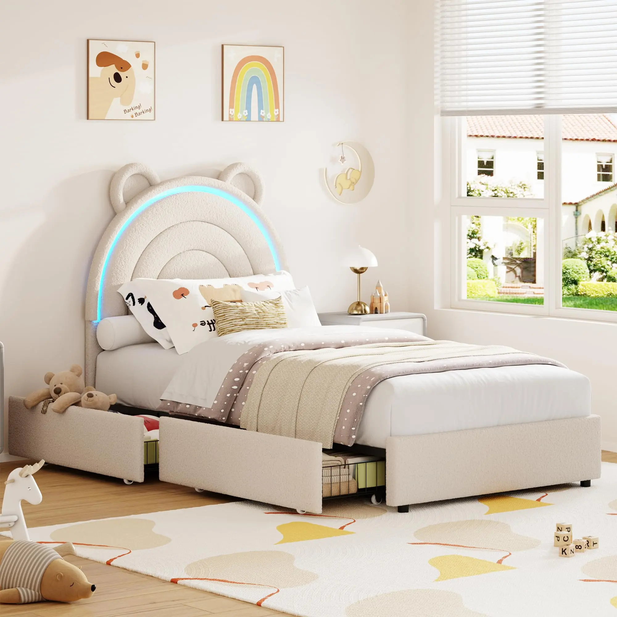 LED Rainbow Headboard Twin Bed – Velvet Upholstered Platform with 2 Storage Drawers, Sturdy Wood Slats, No Box Spring – Kids