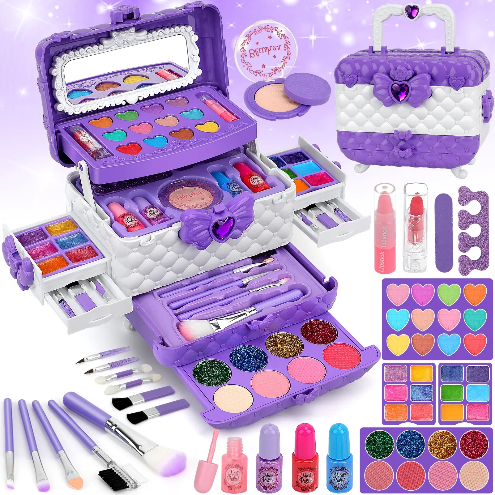 54 Pcs Kids Makeup Kit, Non-Toxic Washable Real Makeup Toy Set for Girls, Princess Pretend Play Beauty Roleplay Toys, Perfect Birthday Party Holiday Christmas Gifts for Girls Ages 3 4 5 6 7 8 9 10 11 12 (Purple)