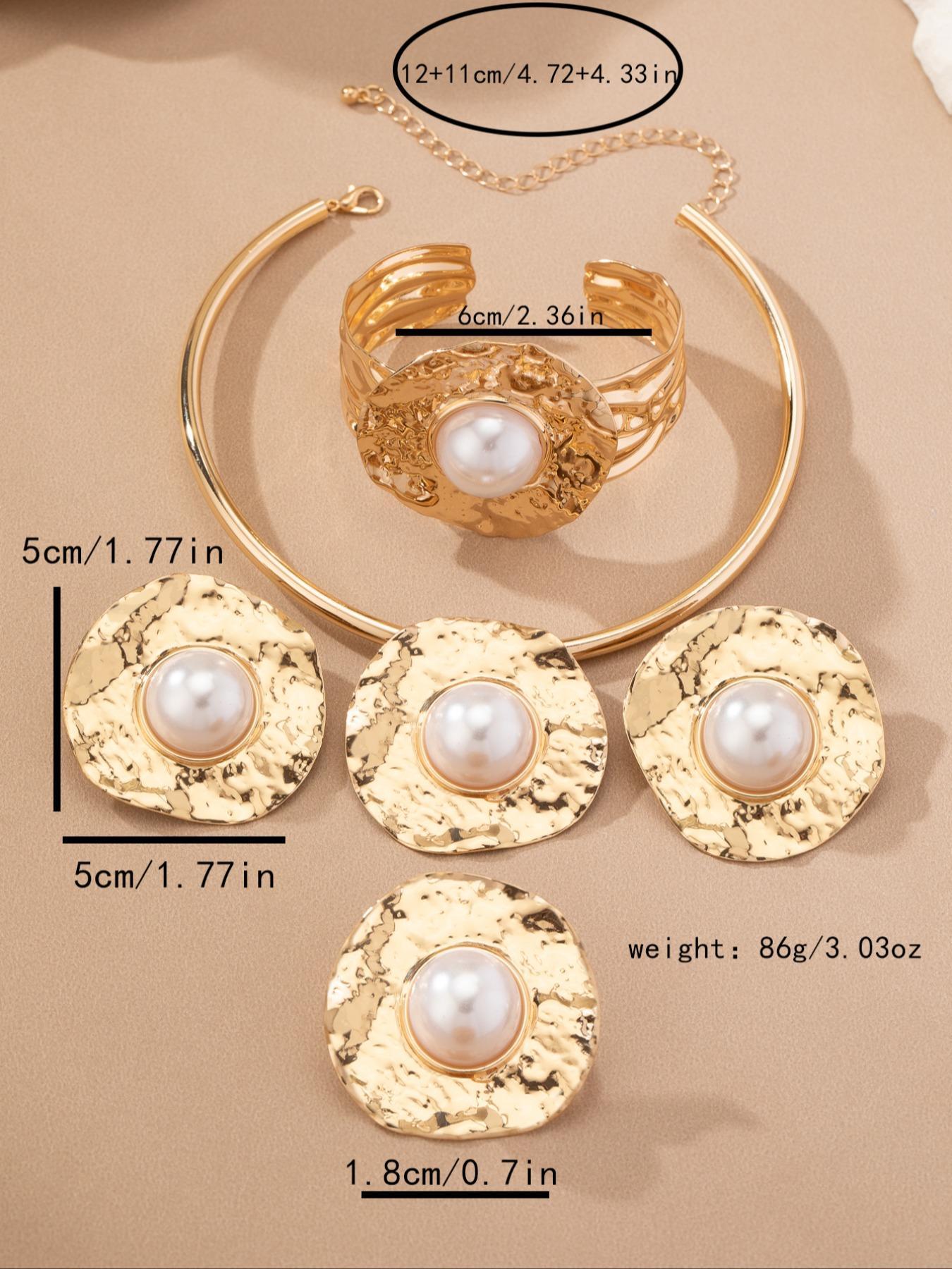 Faux Pearl Decorated Textured Metal Design Jewelry Set, Including Ring & Earrings & Bracelet & Necklace, Fashion Accessories for Women, Trendy All-match & Exquisite Jewelry for Birthday Gift