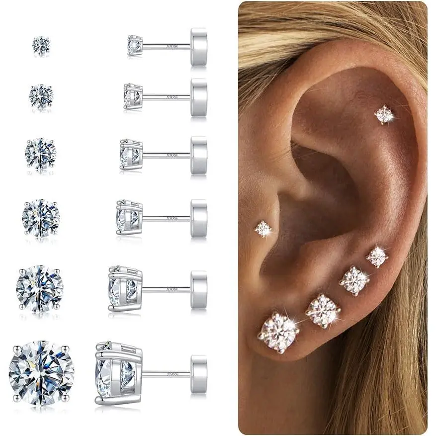 6 Pairs  Flat  Earrings for Women Girls,Stud Earring Set | Cartilage Earrings for  Ears,Cubic Zirconia Ball  Earring,Screw  Helix Conch  Sets, Gifts