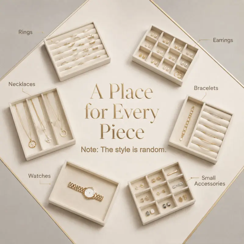 6/12pcs Stackable Velvet Jewelry Tray - 6pcs Beige Styles Are Random, Drawer & Vanity Organizer for Rings, Earrings, Necklaces, Space-Saving Bedroom Storage Box