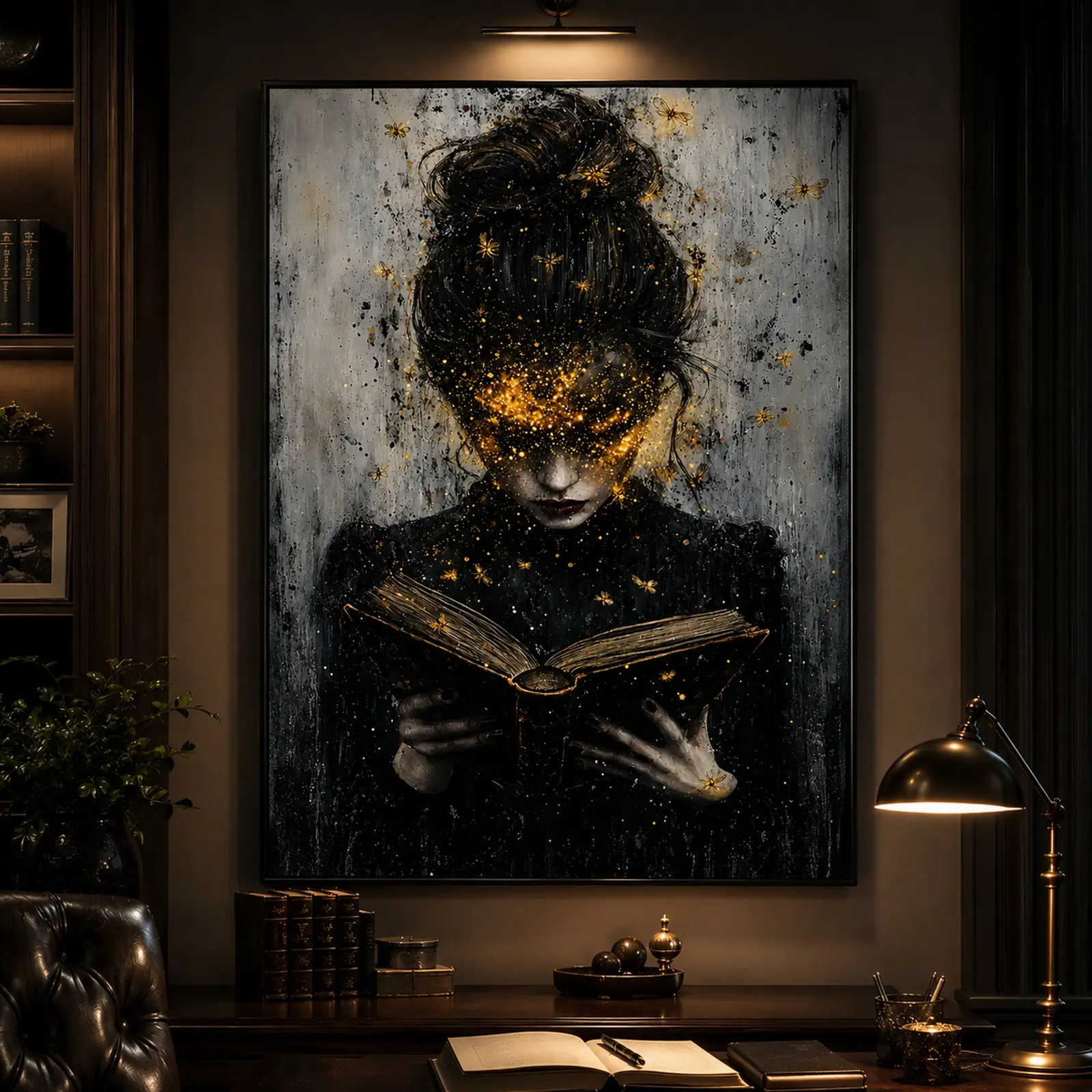 Vintage Lady Reader Wall Art Print, Woman Reading Book with Gold Moths, Moody Literary Decor, Gothic Poster, Dark Academia, Canvas Wall Art, Bedroom Decor, Book Lover Gift, Library Decor, Reading Nook, Vintage Poster, Aesthetic Decor, Literary Gift