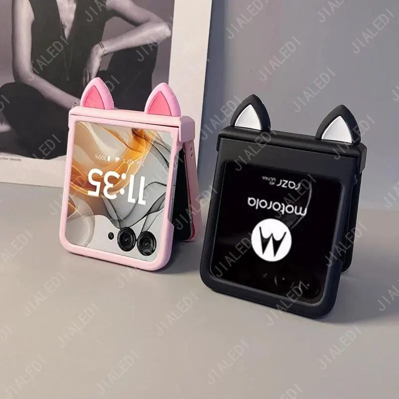 Cute Cat Ears Hinge Phone case For Motorola Razr 70 40 50 60 Ultra Moto Razr60 Plus Cover