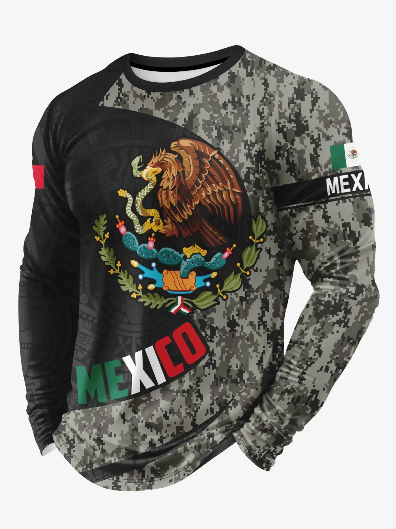 Aztec Ancient Civilization Totem Long Sleeve T-Shirt, Mexican Flag Top, Casual Fitted Tee, All Seasons Wear, Graphic Print, Casual Fashion Clothing, Cultural