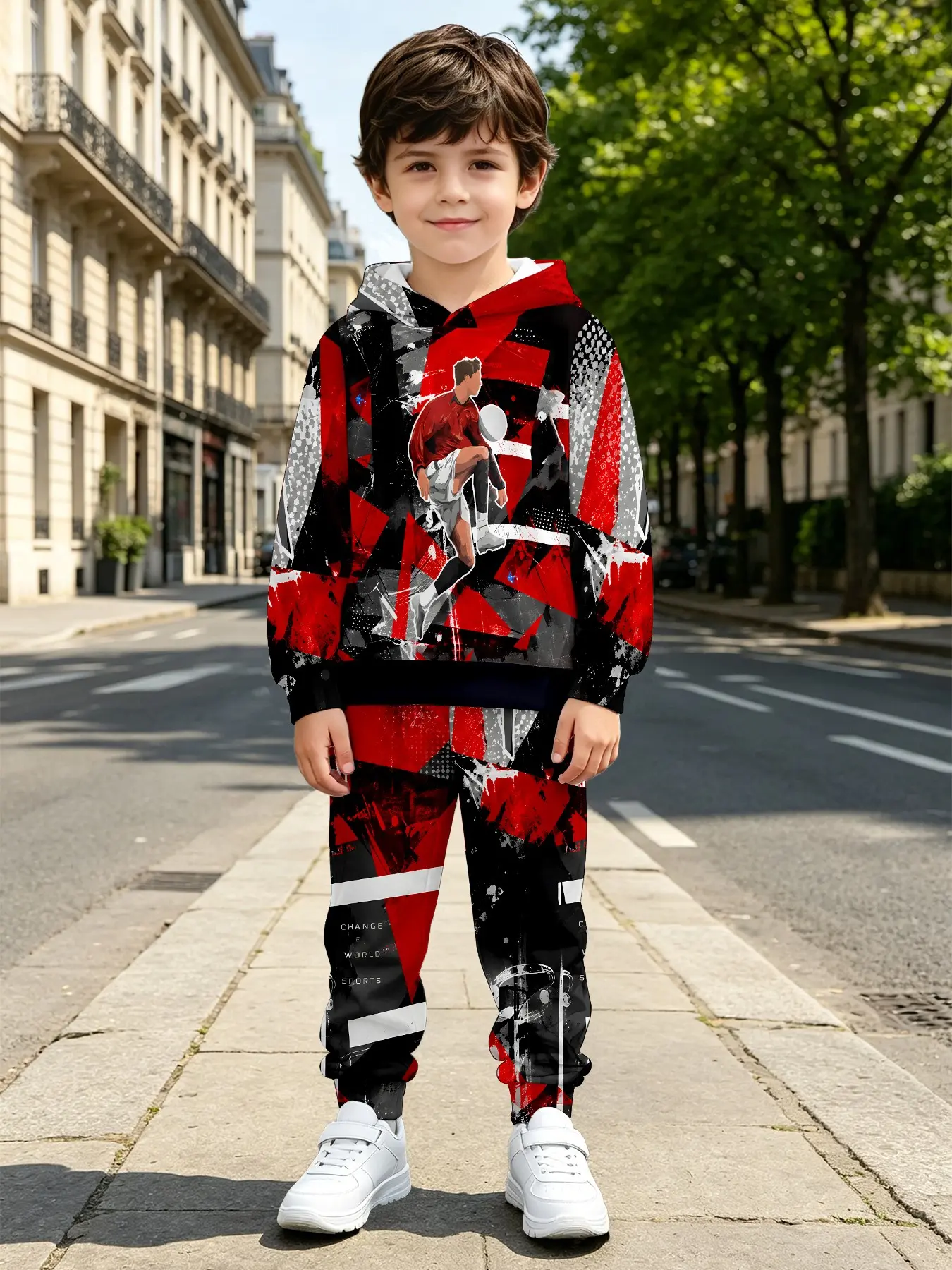 Boys' Street Graffiti Football Player Full Print Hoodie Set, Trendy Sports Splatter Geometric Print Sweatshirt and Pants, Casual Two-Piece