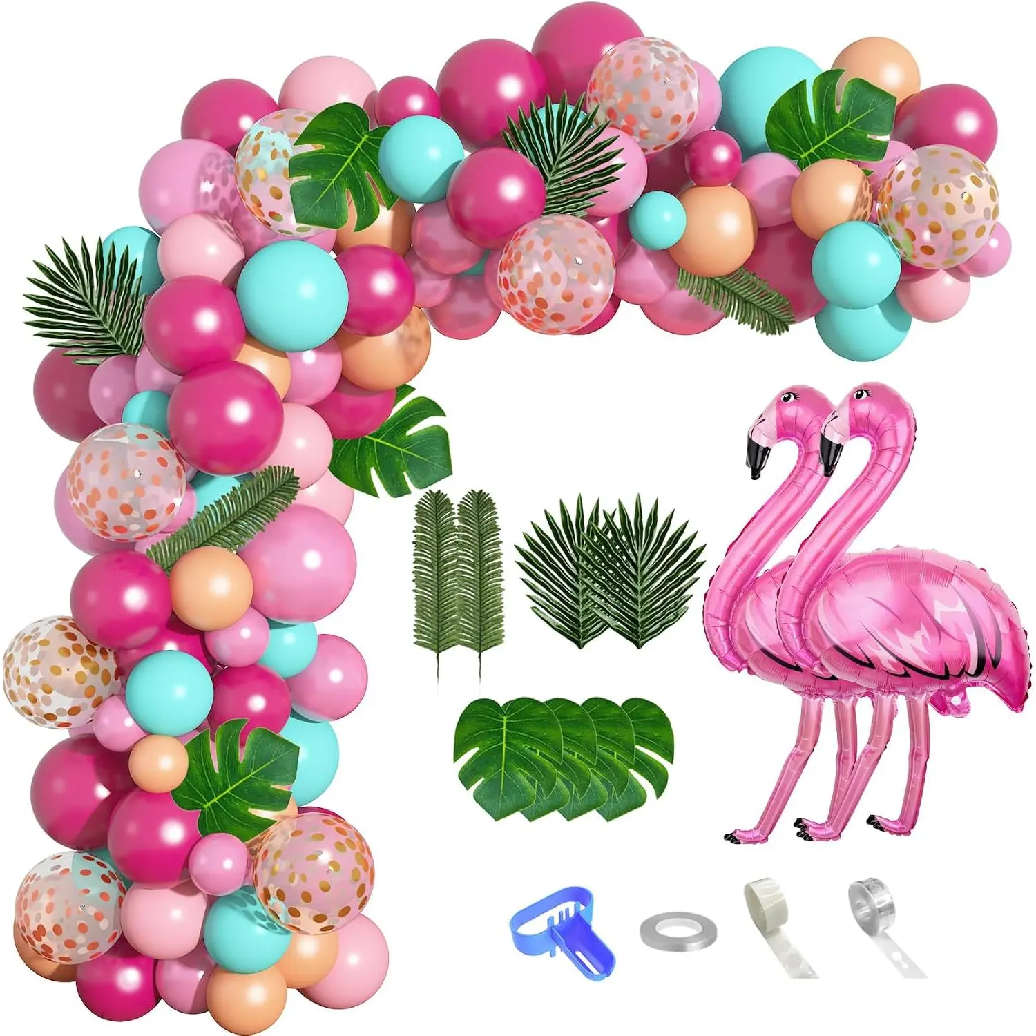 124Pcs Tropical Flamingo Balloon Arch Garland Kit 40" Flamingo Balloons Hot Pink Confetti Balloons Tropical Palm Leaves 4 Tools Hawaiian Luau Birthday Wedding Baby Shower Party Decorations Supplies