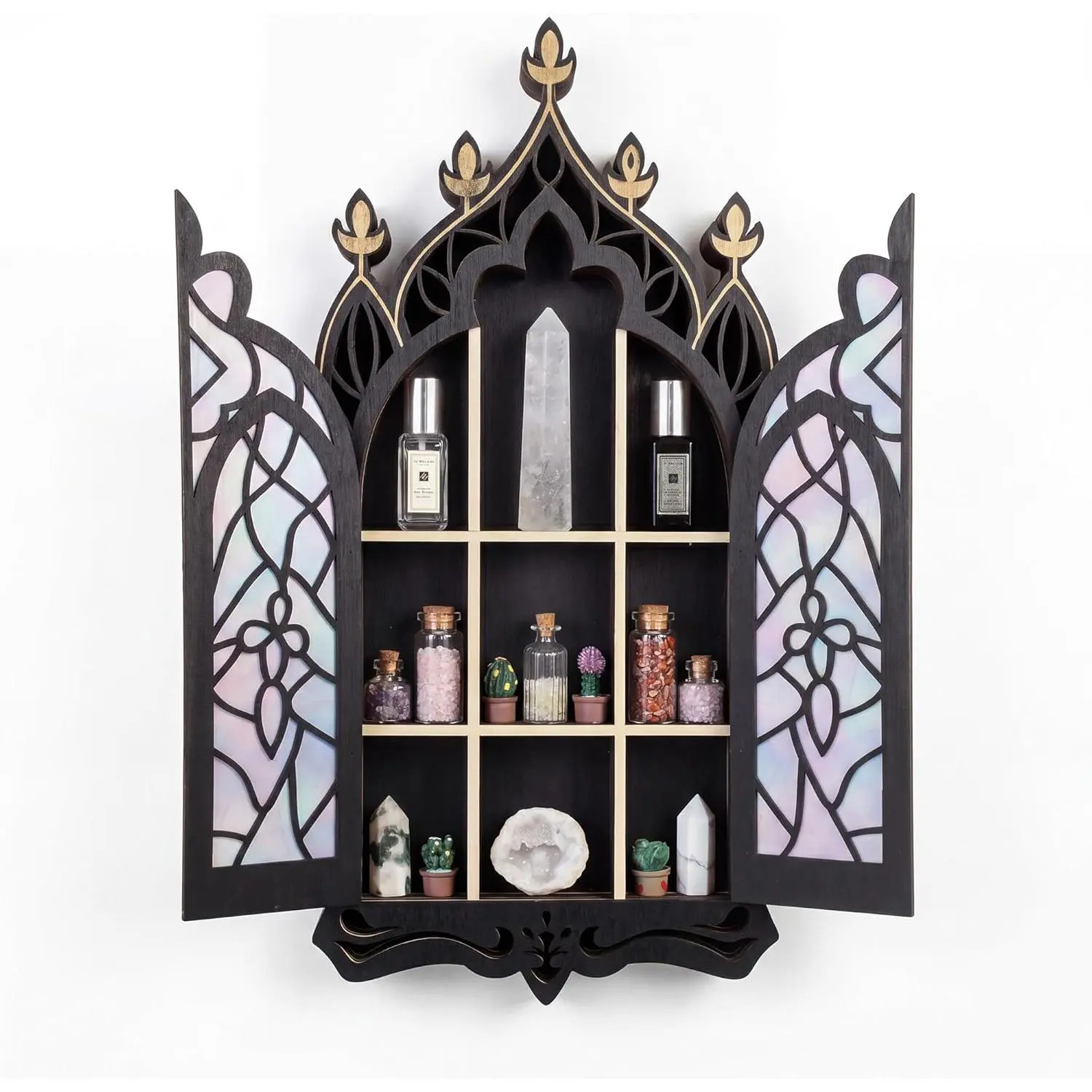 Gothic Crystal Display Shelf, Goth Wall Decor Witchy Wall Shelf for Crystals, Gemstones, Essential Oils & Trinkets, Wooden Church Window Shelf, Spiritual Home Decor for Bedroom Living Room