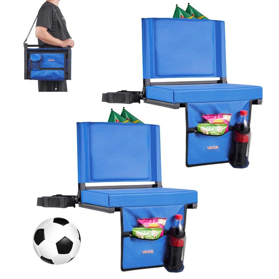 VEVOR Stadium Seat, Folding Bleacher Seat with Back Support and Thick Cushion, Padded Stadium Seats for Bleacher Includes Shoulder Strap, Hooks, Cup Holder, and Side Pocket, Black Bleachers Chair