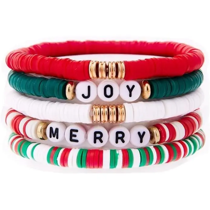 Christmas Thanksgiving Stackable Beaded Holiday Bracelets Set for Women Elastic Layering Colorful Heishi Vinyl Disc Clay Stretch Bohemian  Birthday Gifts
