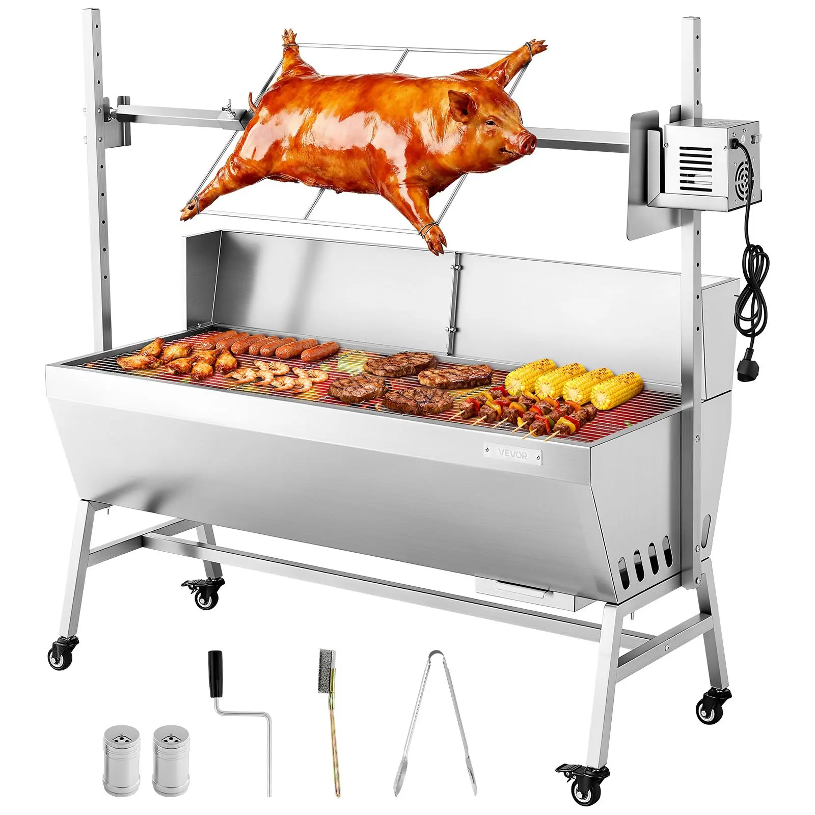 VEVOR Sturdy Stainless Steel Electric Rotisserie Grill Kit, 38W Charcoal Grill Cooker, 132lb Capacity Outdoor Pig-Lamb Spit Roaster with Wheels, 4-Level Height, Smooth Rotation for Camping BBQ Roasting
