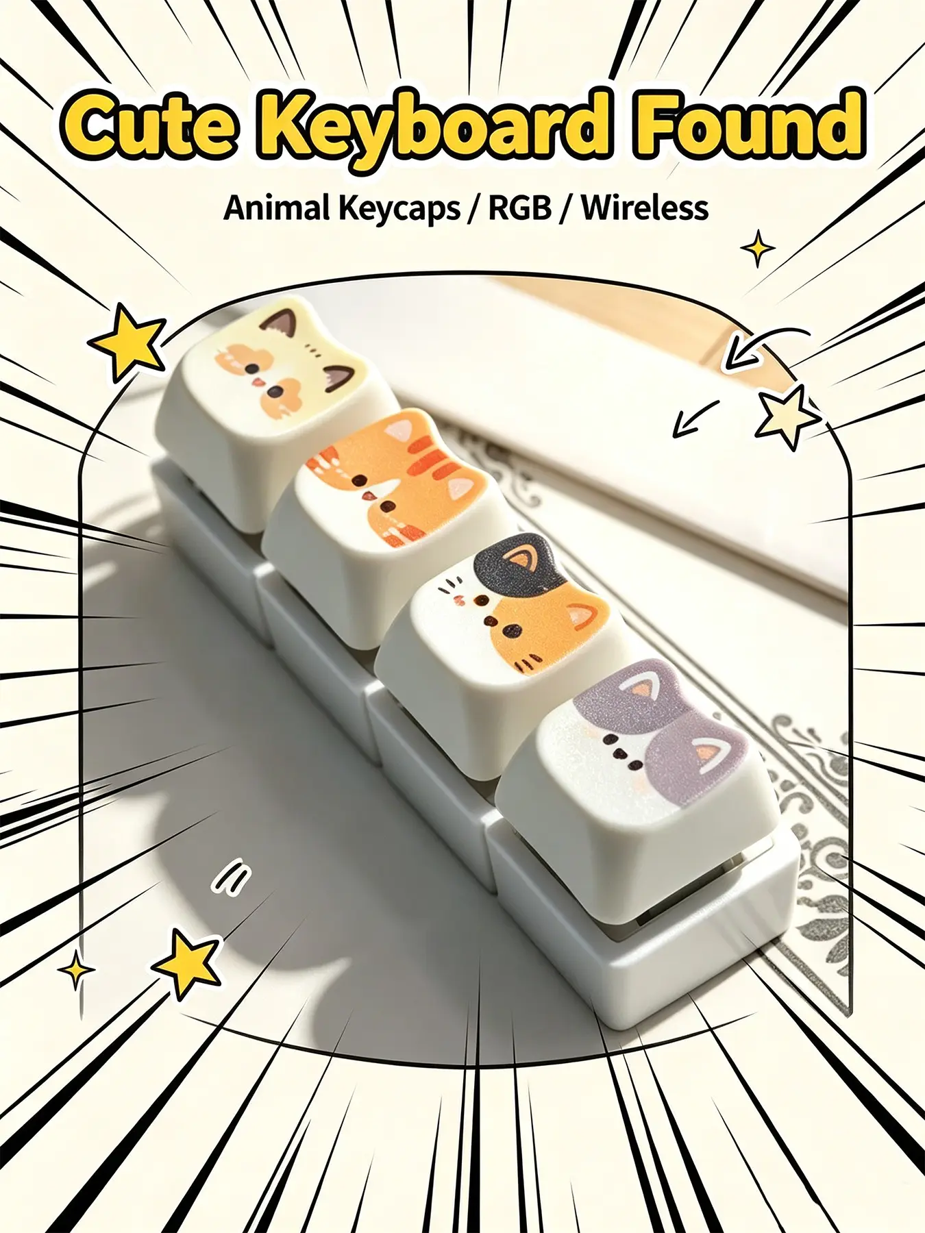 Mini 4 Key Fidget Mechanical Keyboard, Cute Cartoon Cat Colorblock Design PBT Keycaps With Silicone Lanyard, Pocket Stress Relief Bag Charm For Teens Cat Lovers All Seasons
