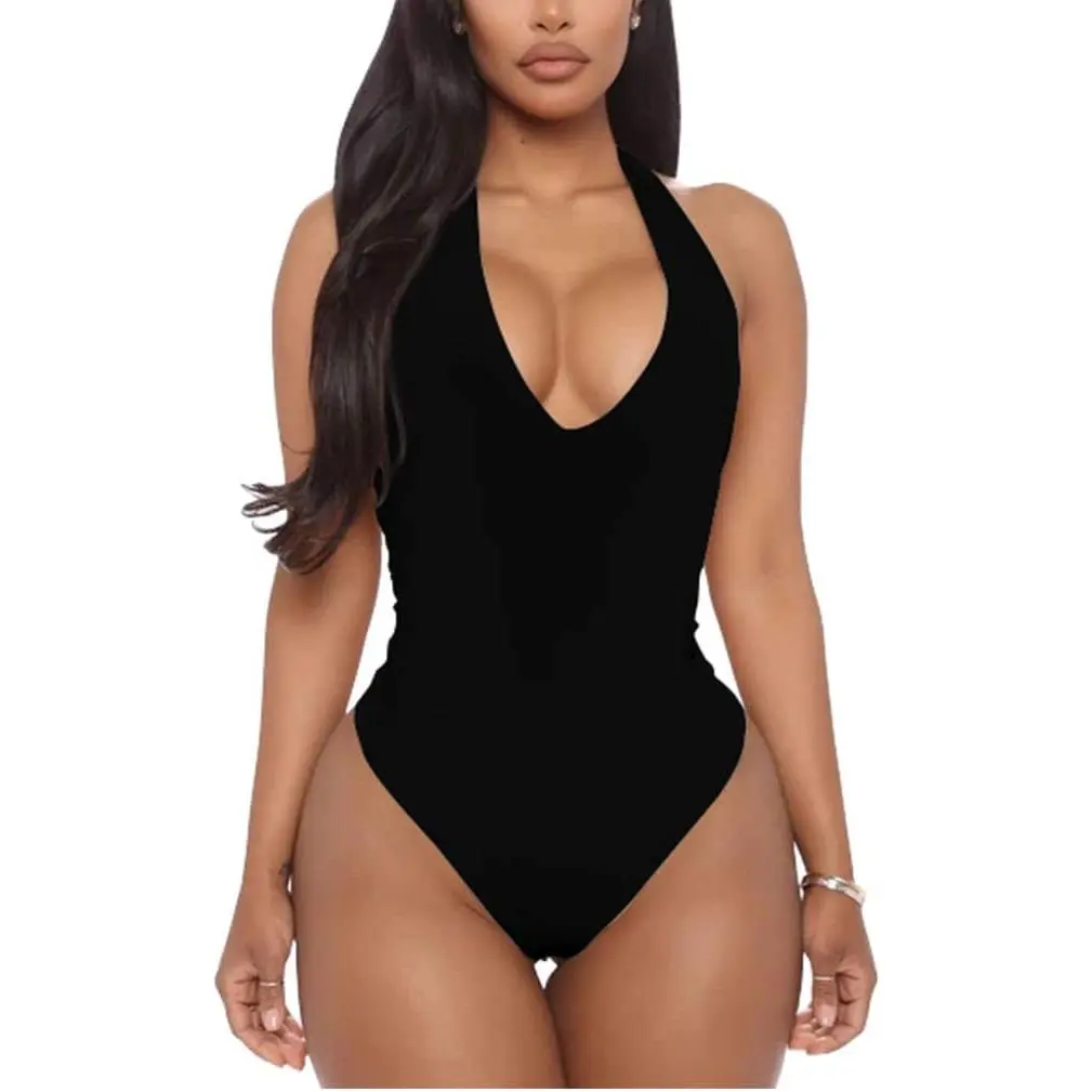 Women's Sexy Sleeveless Halter V-Neck Backless Leotard Bodysuit Tops, Bodysuit for Women with Backless Cutout & Bodycon Look, 1-Piece Fit Party Wear Accessory, One-Piece Fit