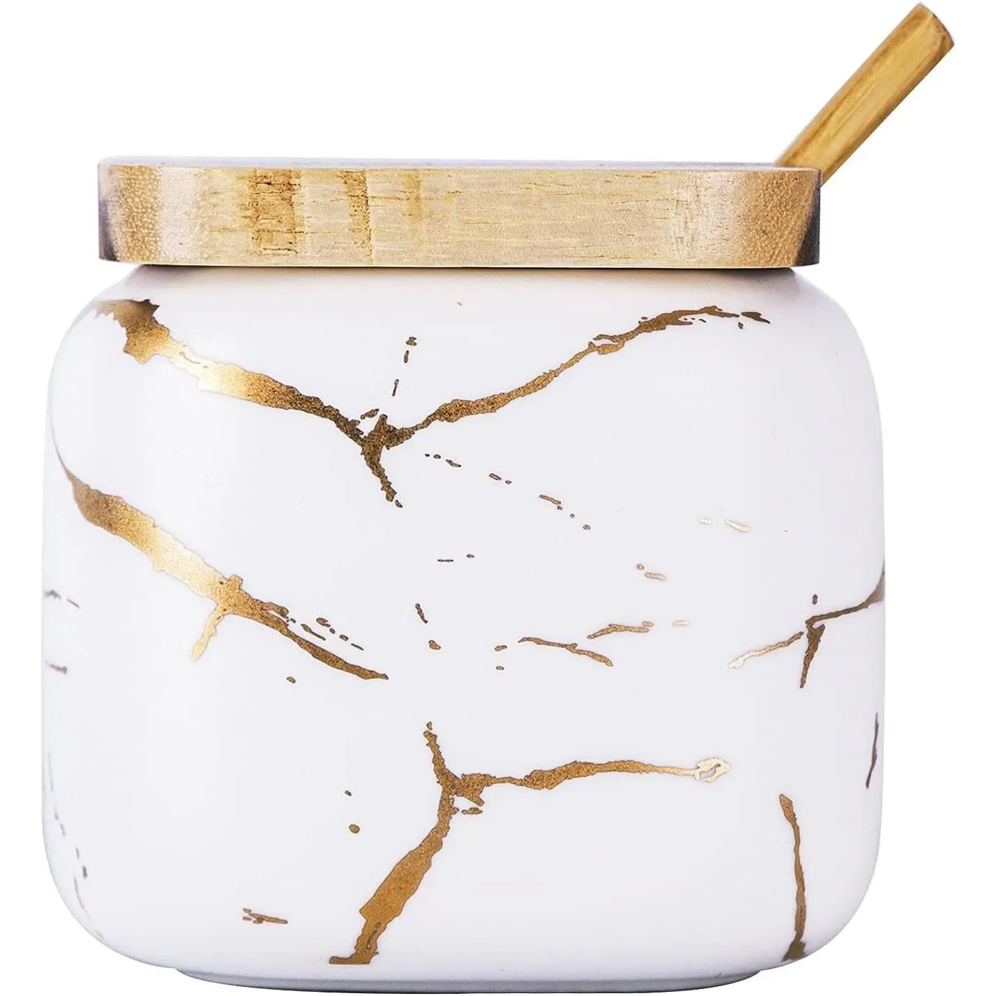 Decorative Marble Pattern Ceramic Sugar Spice Containers Porcelain Jar with Bamboo Lid and Spoon Condiment Jar for Home
