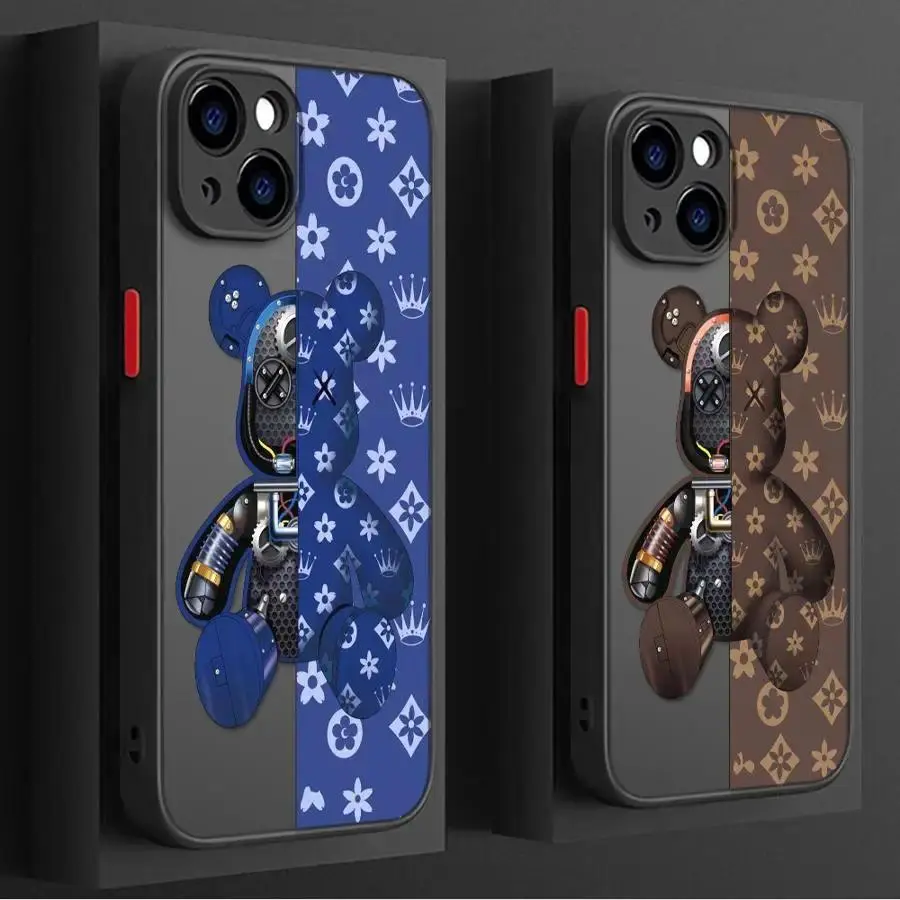 Vintage Brown Luxury Floral Monogram Half Robot Doll Phone Case, Protective Shockproof Matte Shell with Full Lens Protection for iPhone 11 12 13 14 15 16 Pro Max Plus Mobile Accessories