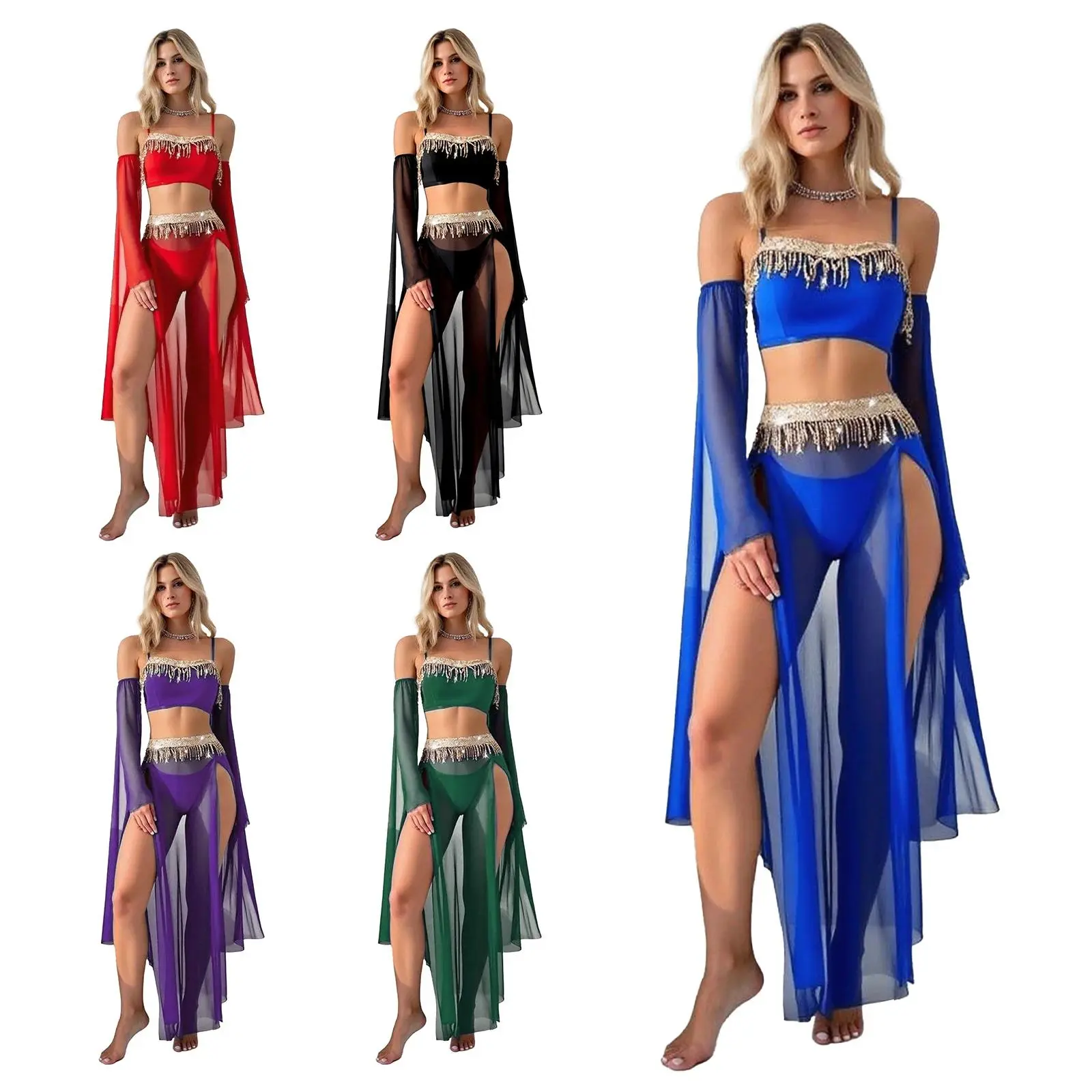 Women Sexy Belly Dance Costumes Sequin Tassel Crop Top and Slit Maxi Skirt with T-back 4-piece Set for Pole Dance Dunhuang Dance
