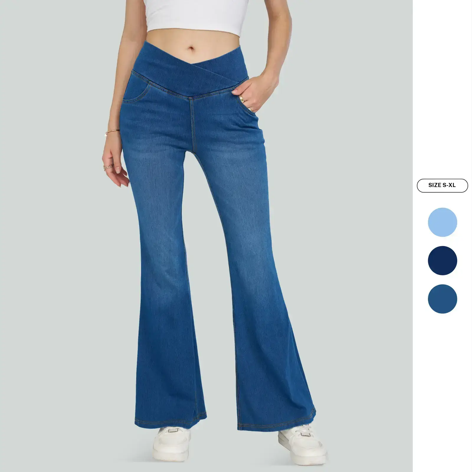 Imily Bela Womens Y2K High Waisted Flare Jeans Stretchy Crossover Waist Denim Pants