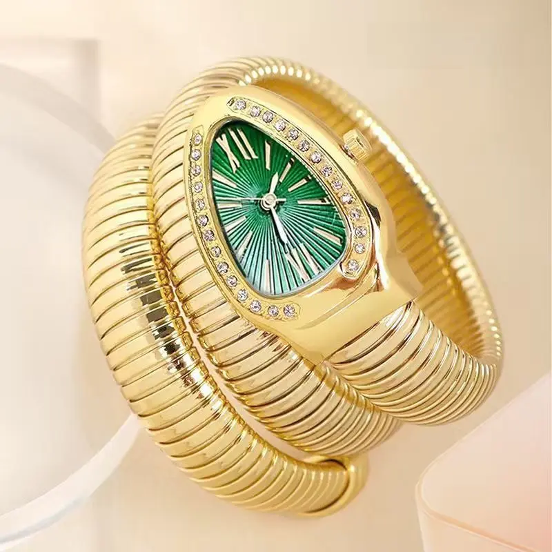 Women's Snake-Shaped Bangle Watch, 2-Loop Coiled Stainless Steel Band, Rhinestone Bezel, Green Dial Quartz Wrist Watch, Luxury Fashion Statement Jewelry Gift for Her