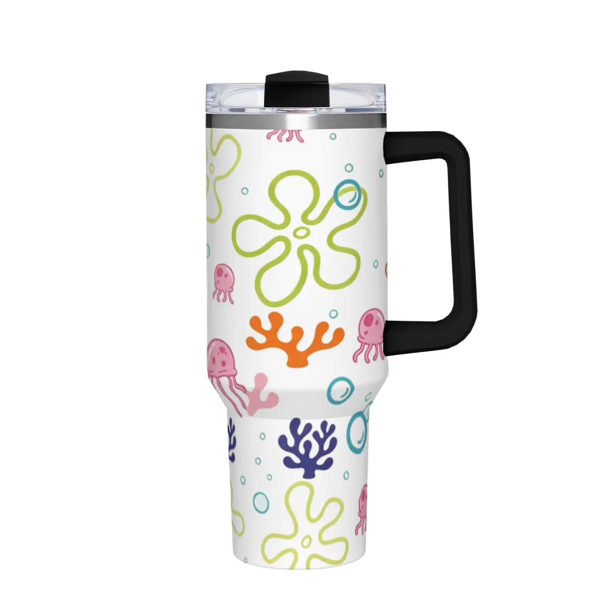 40oz Insulated Mug, Bikini Bottom Inspired Thermal Cup, Ocean Jellyfish Coral Print, Double Wall, Leak-Proof, Handle & Straw Lid