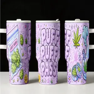 Puff Puff Pass 40oz Tumbler, Lid and Handle, 420 Cannabis Leaf, Stainless Steel Insulated Travel Cup, Durable Design