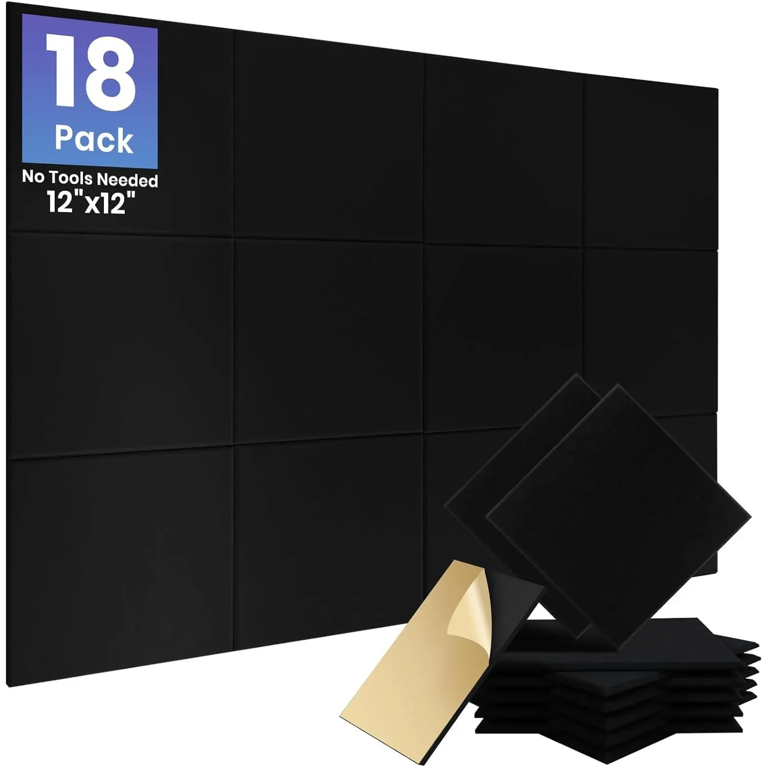 18 Pack Sound Proof Panels for Walls, Self-Adhesive Acoustic Panels Sound Absorbing, 12" X 12" X 0.4" High Density Black Square Soundproof Wall Panels for Walls