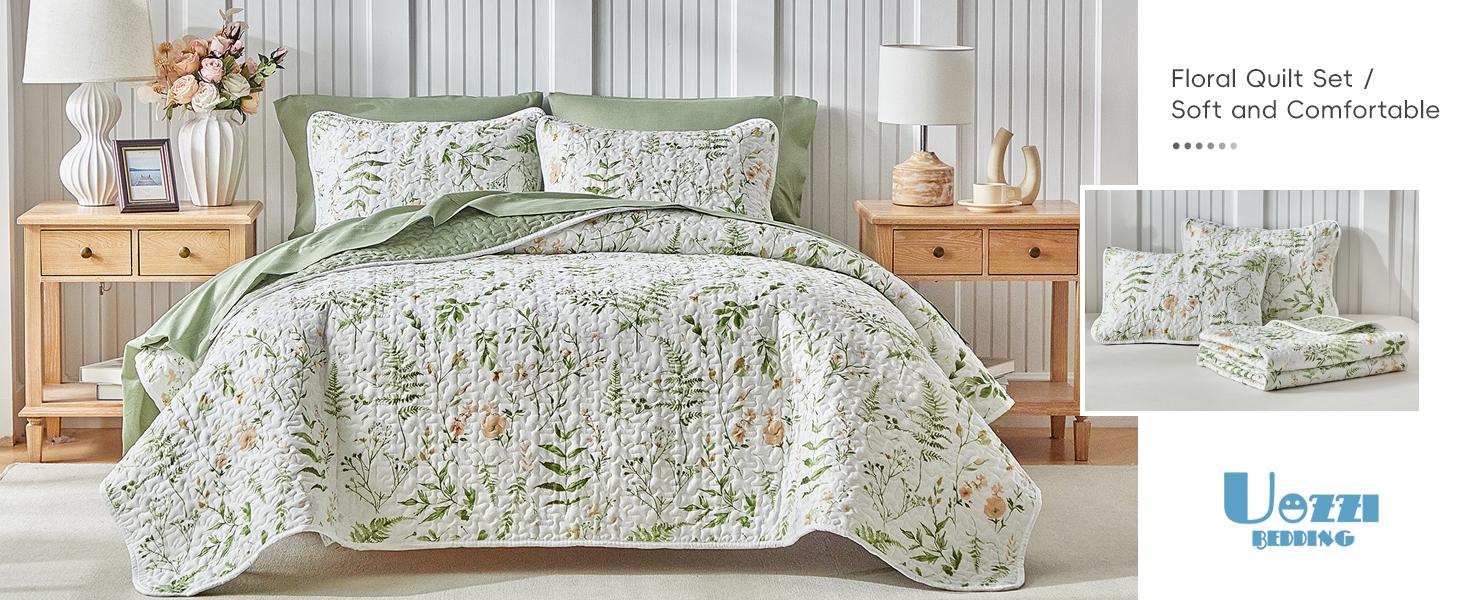 Floral Set 3 Piece Flower Sets Queen Size - Reversible Microfiber with 2 Shams Soft Breathable Botanical Bedding Bedspread Coverlet Summer Comforter All Season Purple Leaves