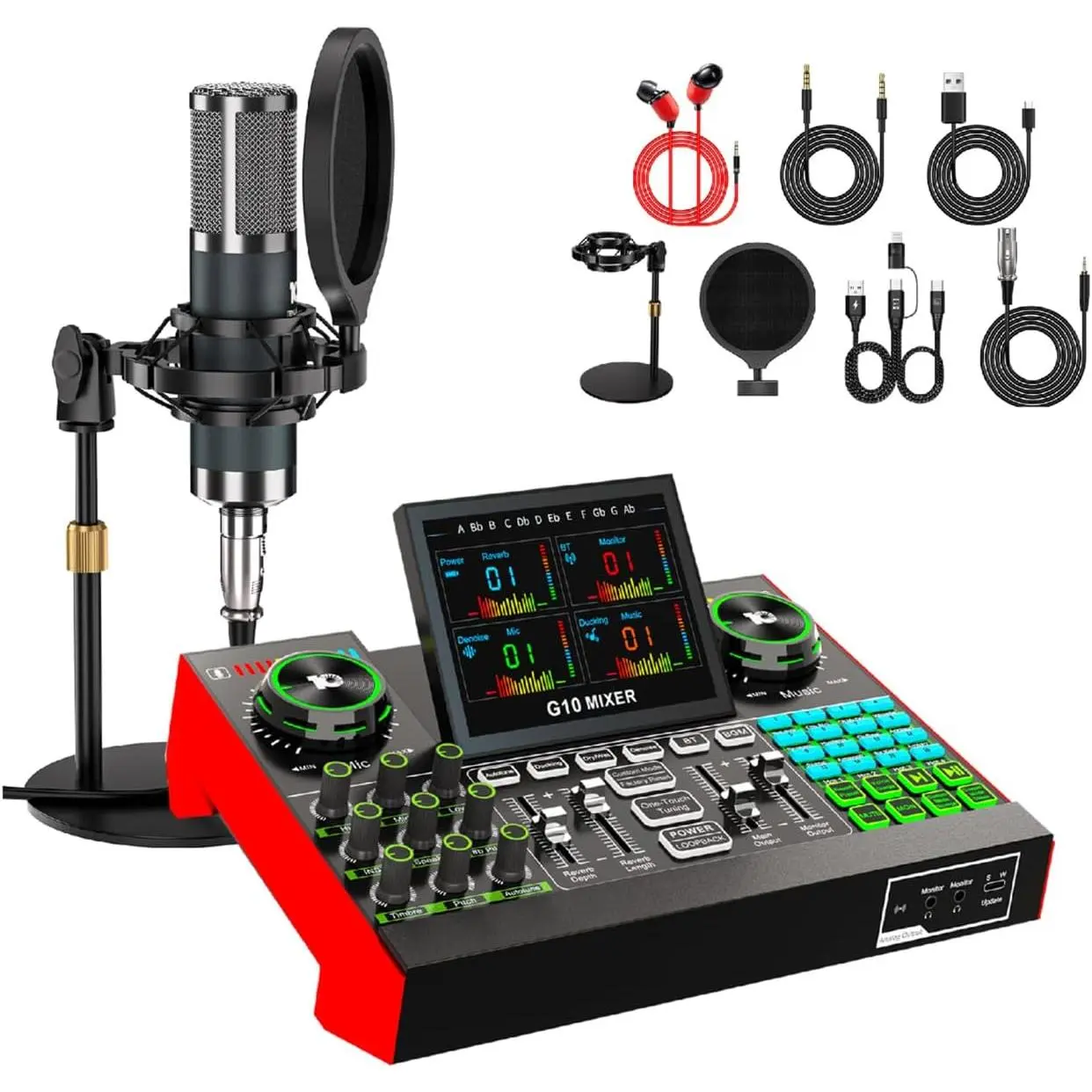 Voice Changer with Sound Board, Podcast Equipment Bundle for PC Phone, Professional Audio Interface Mic Kit for Gaming, YouTube, Live Streaming, Noise Reduction (P15)