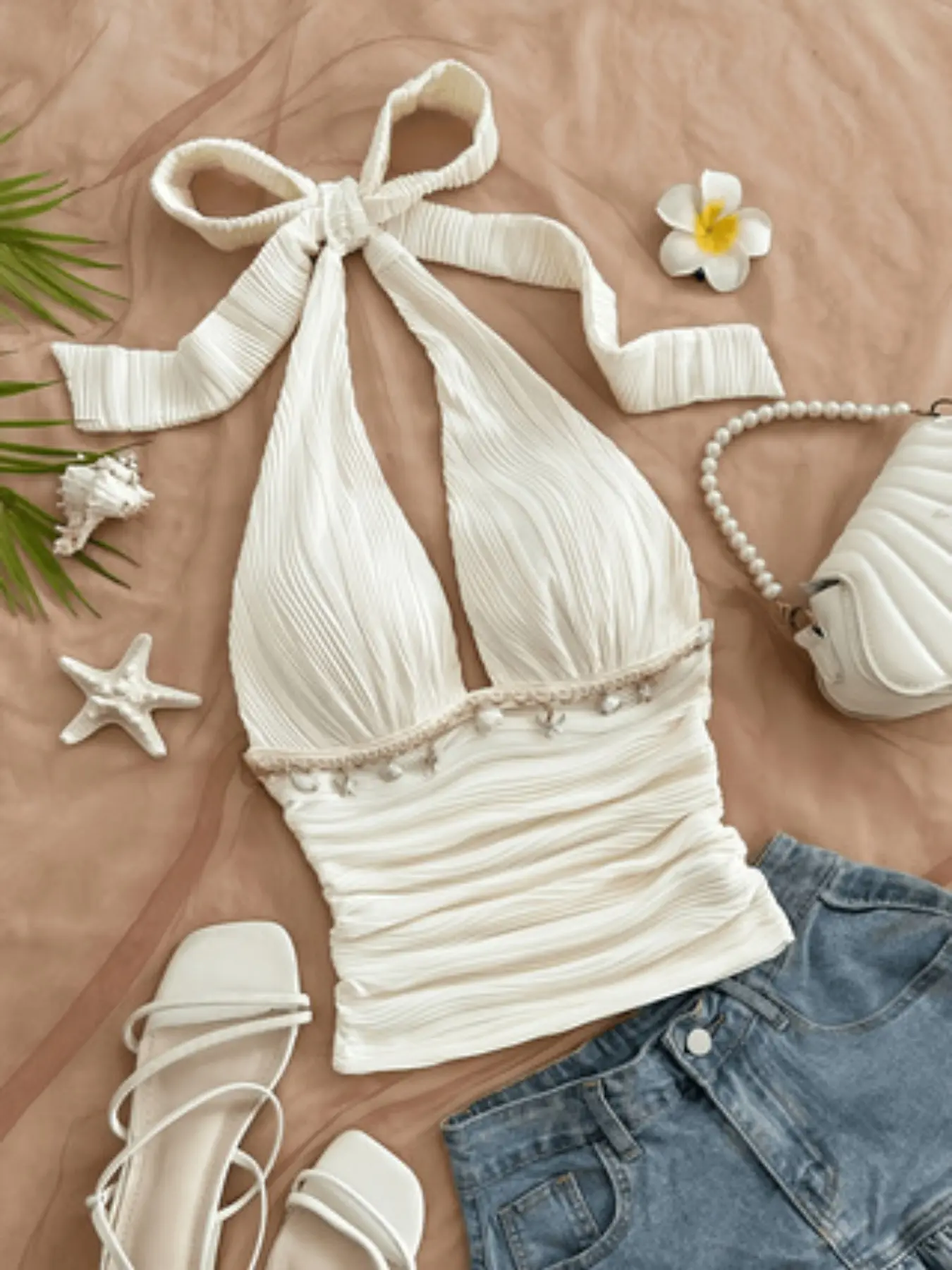 Summer Women's Resort Casual Starfish Shell Halter Top Beach Club Set, Cream Two-Piece Shell Swimsuit, Elegant Vacation