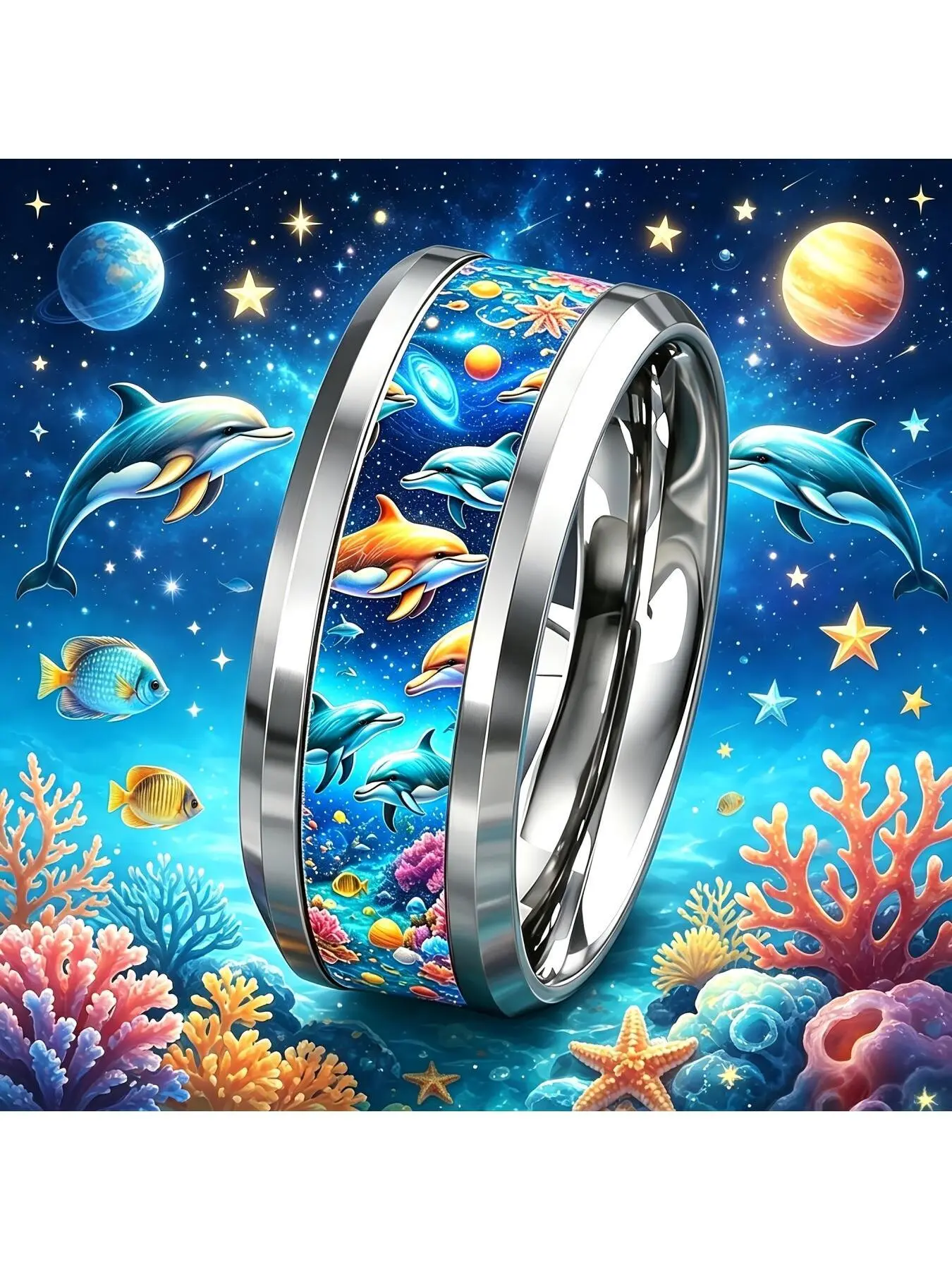 Ocean breeze men's and women's compatible ring. Dolphin ocean stainless steel ring. 8mm width. Stainless steel scratch-resistant and wear-resistant finger ring. Dreamy starry sky dolphin coral fun style. Fashion Rings Finger Jewelry