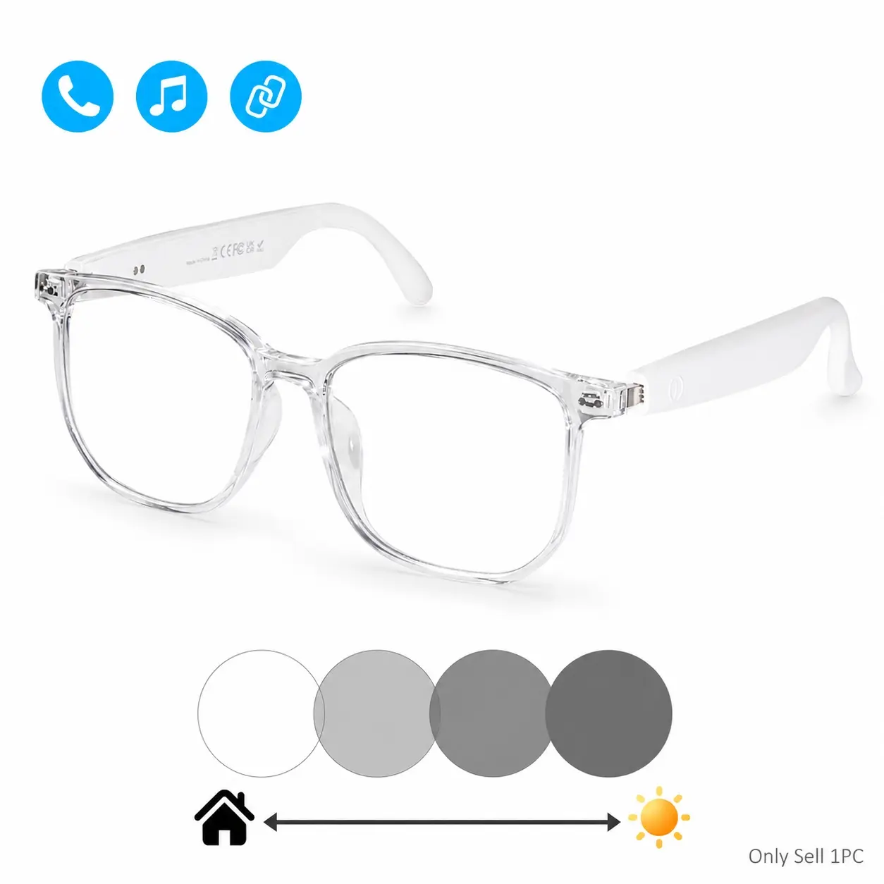 Photochromic Bluetooth Smart Glasses, Open-Ear Audio Sunglasses with Hands-Free Calls, Music Playback, Voice Assistant and Touch Control