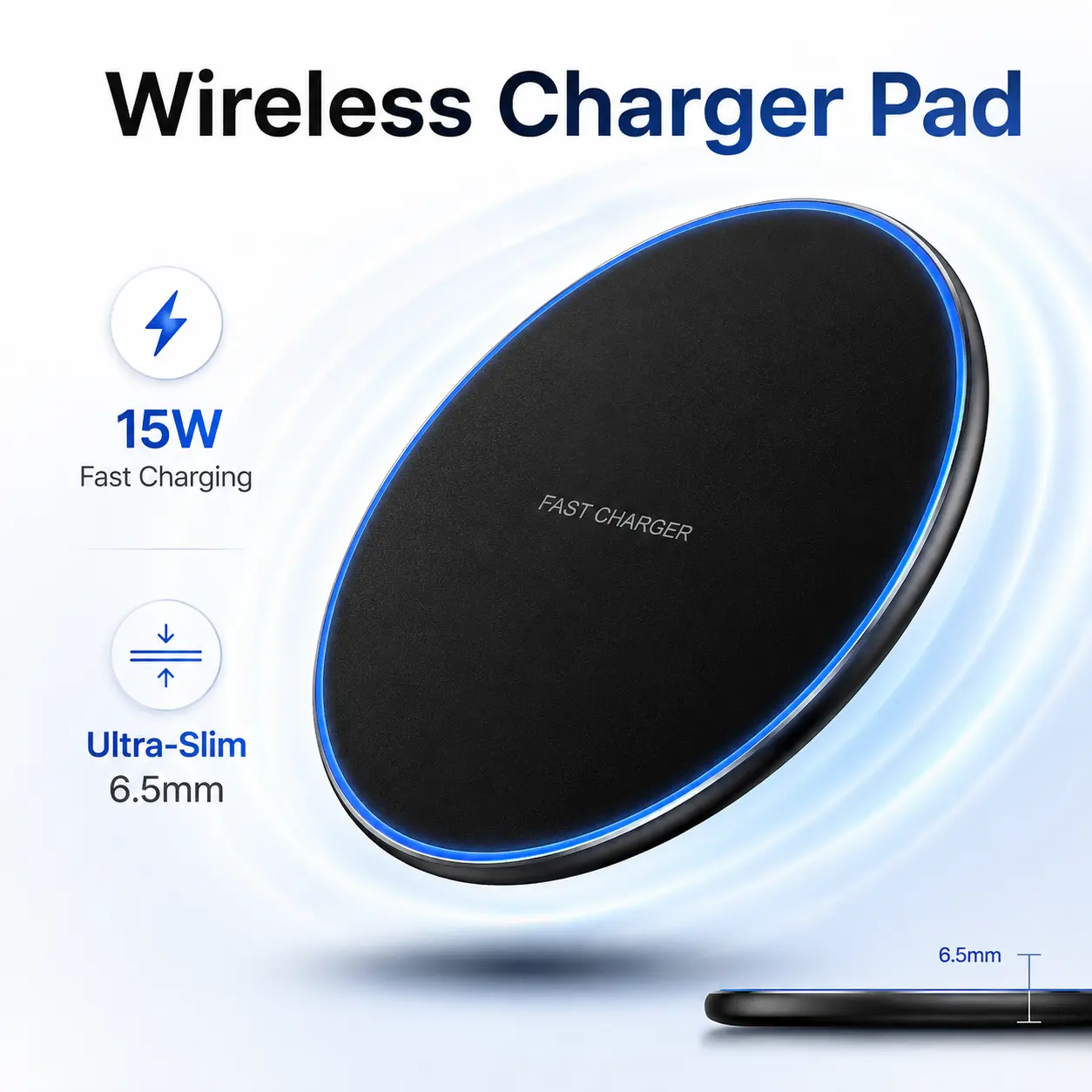 Wireless Charger Pad – 15W Fast Wireless Charging Pad, Ultra-Slim 6.5mm Aluminum Alloy with USB-C Input, LED Indicator for Phones & Wireless Earbuds