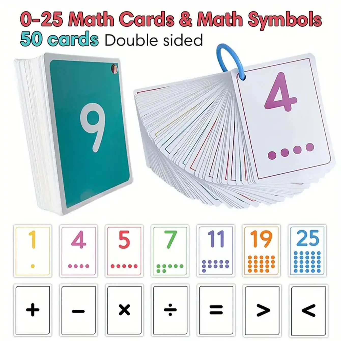 50 Math Flashcards Set for Kids, Number Flash Cards, Addition Subtraction Multiplication Division Practice, Colorful Coding, Ages 6-12, Durable and Portable