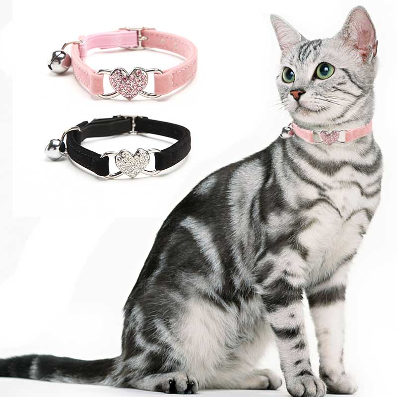 Adjustable Cat Collar with Bell, 2 Counts/set Cute Rhinestone Decor Heart Shaped Decoration Cat Collar, Pet Supplies for Indoor Outdoor Use