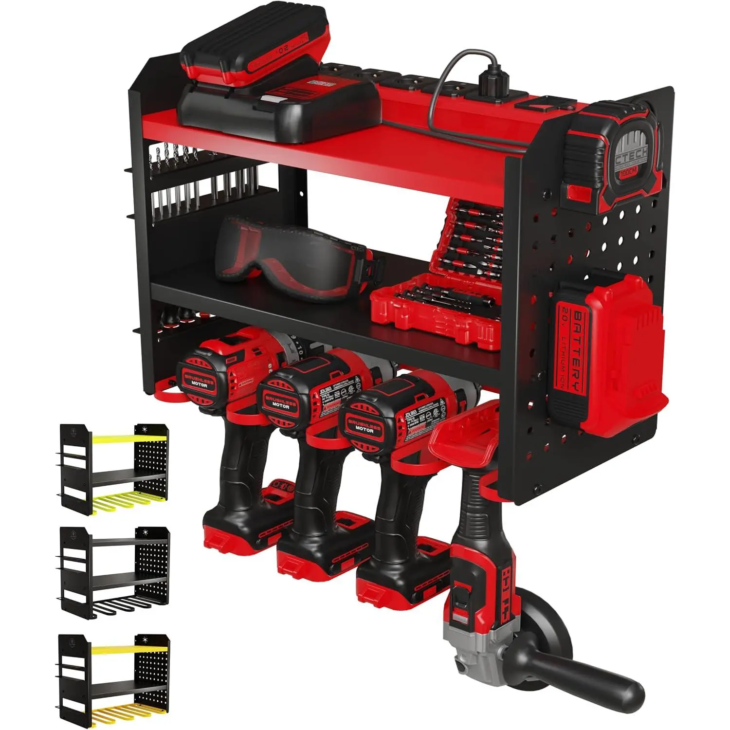 Power Tool Organizer Wall Mount – 3-Tier Heavy-Duty Steel Rack, 4 Drill Slots, Pegboard + Utility Side, 100 lb Capacity – Garage, Workshop & Shed Storage (Red)