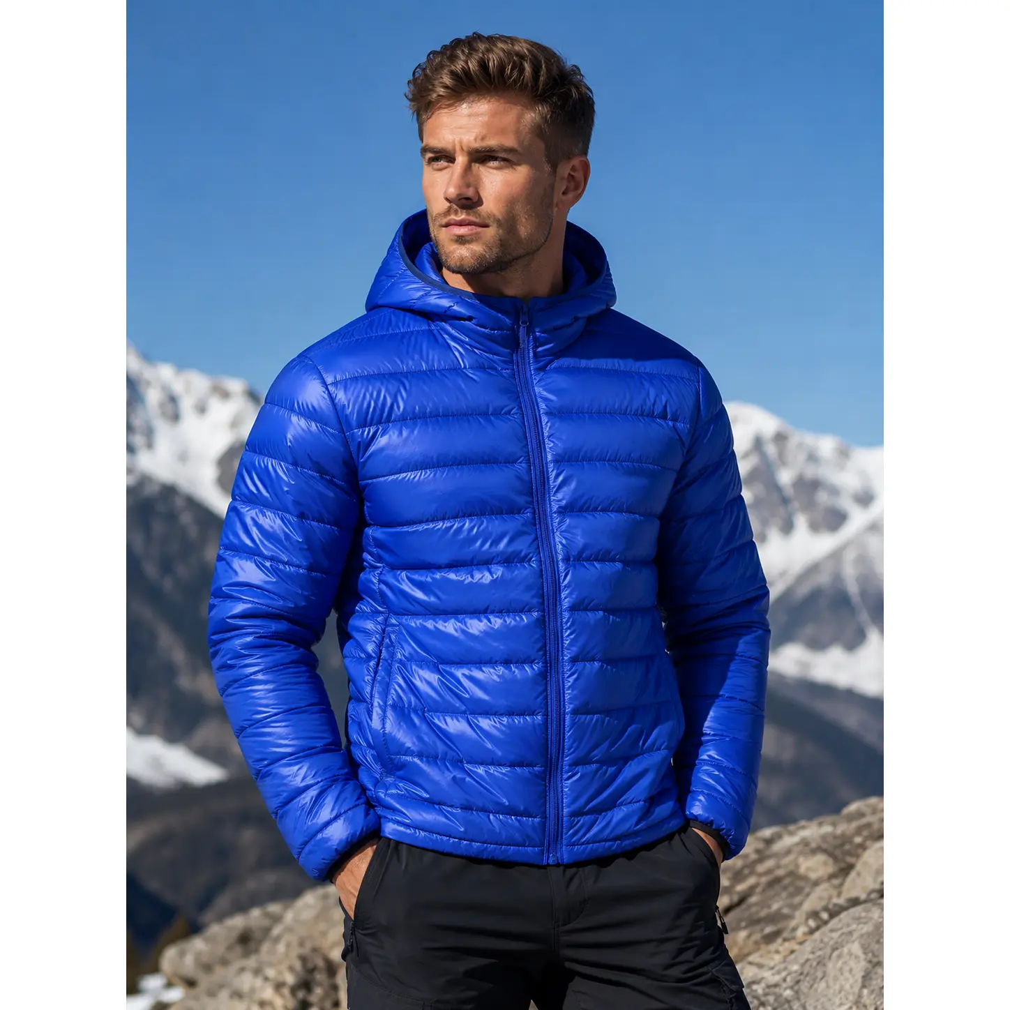 Men's Warm Winter Quilted Puffer Jacket - Lightweight, Packable, Windproof, Water-Resistant, Polyester Down-Alternative Insulated Bubble Outerwear with Attached Hood, Menswear Tops for Outdoor Hiking, Skiing, Machine Washable, Quilted Look, Long Sleeve