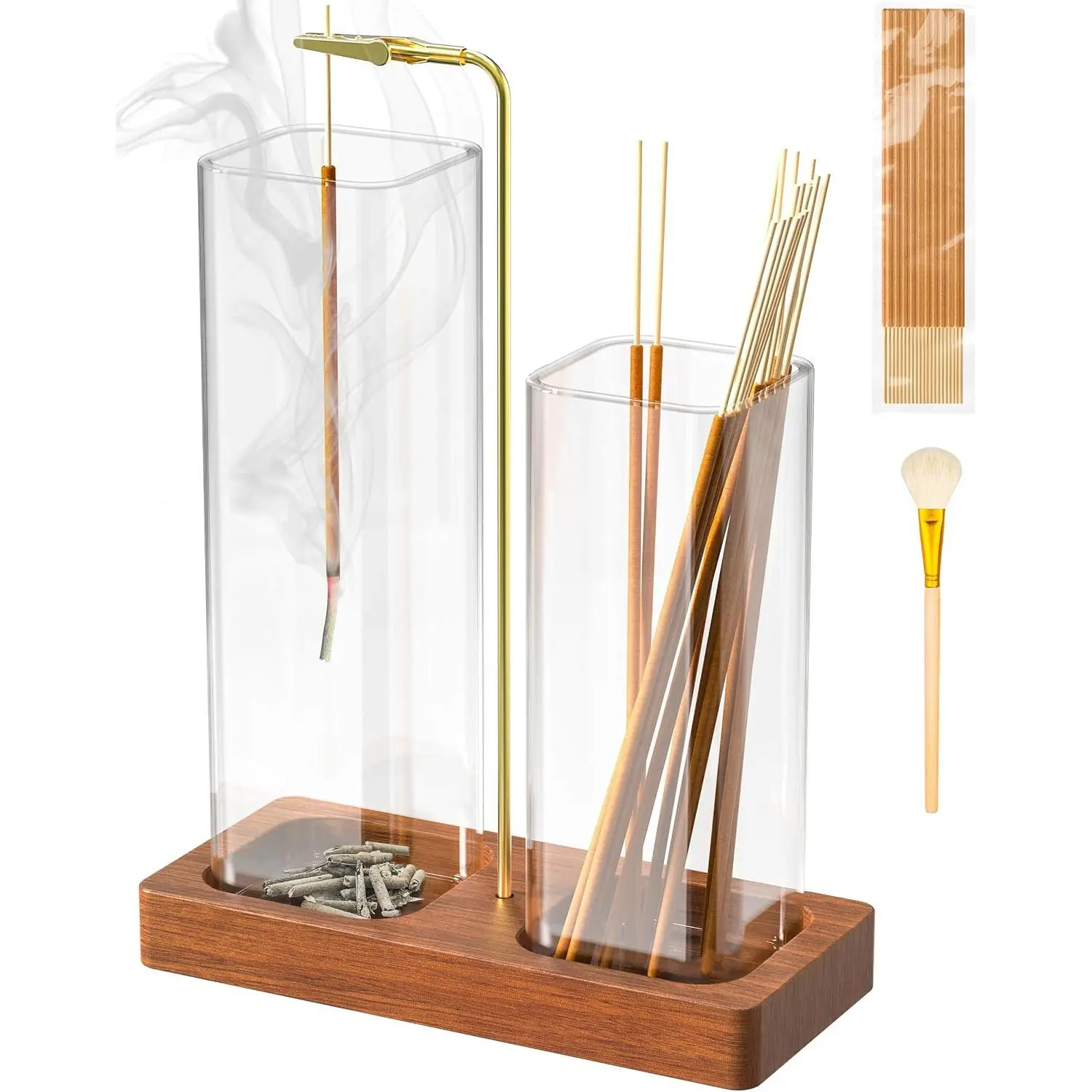 Wooden 2-in-1 Incense Holder with 7.8in & 5.9in Glass Jars, Upside-Down Stick Burner with Ash Catcher & Storage, Fragrance Aromatherapy Accessory for Meditation Home Decor - 20 Sticks & Brush, Scented
